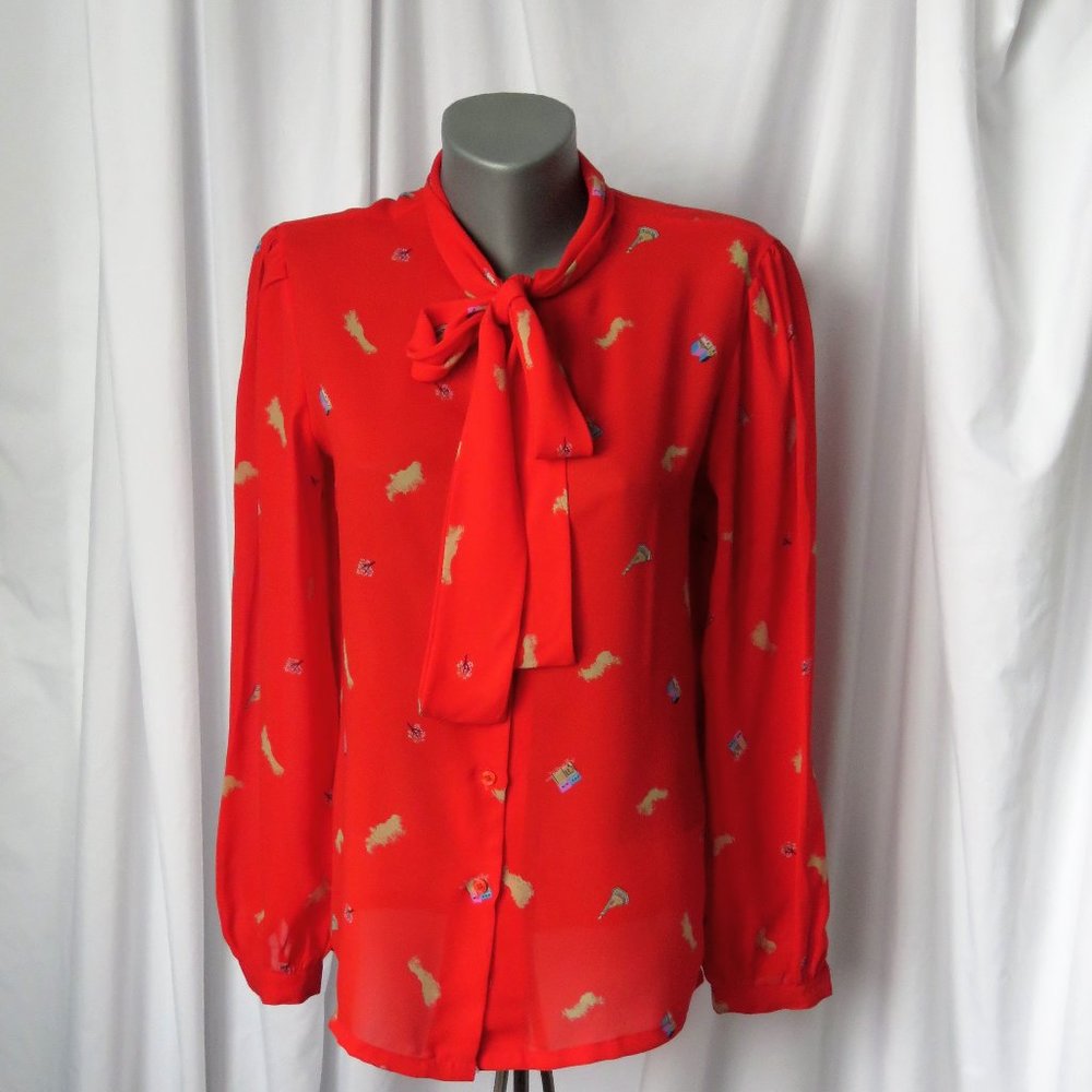 Vintage 1980s Pussy Bow Red Chiffon Print Blouse